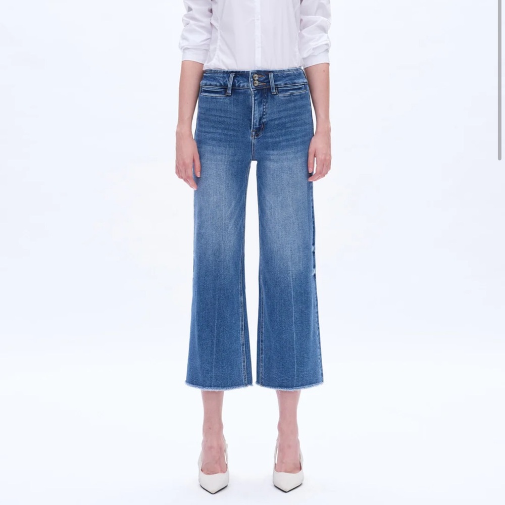 BAYEAS High Rise Wide Leg Denim Jeans With Raw Hem Medium Wash 28